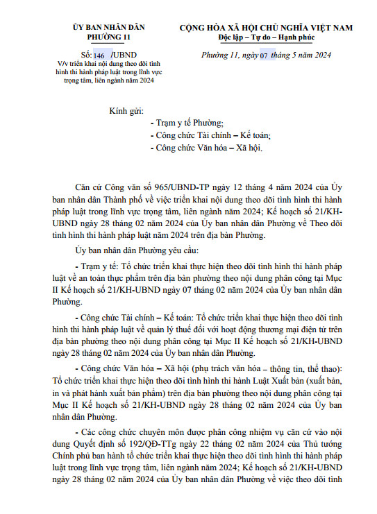 Công văn về việc triển khai nội dung theo dõi tình hình thi hành pháp luật trong lĩnh vực trọng tâm, liên ngành năm 2024