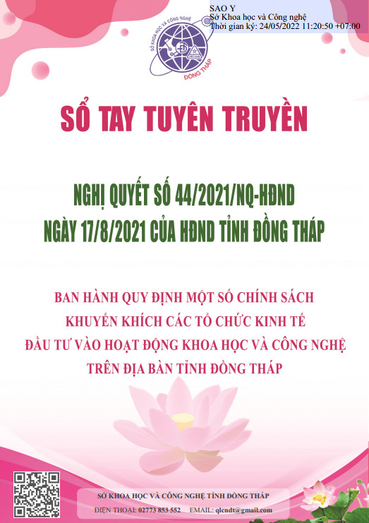 Sổ tay tuyên truyền Nghị quyết số 44/2021/NQ-HĐND ngày 17/8/2021 của HĐND Tỉnh Đồng Tháp