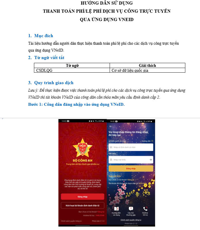 HƯỚNG DẪN THANH TOÁN PHÍ/LỆ PHÍ  DỊCH VỤ CÔNG TRỰC TUYẾN QUA ỨNG DỤNG VNEID